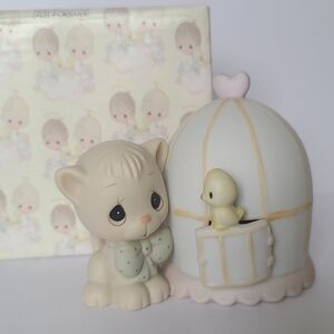 Vintage 90s Precious Moments Cat Bird Collectible Porcelain Figurine